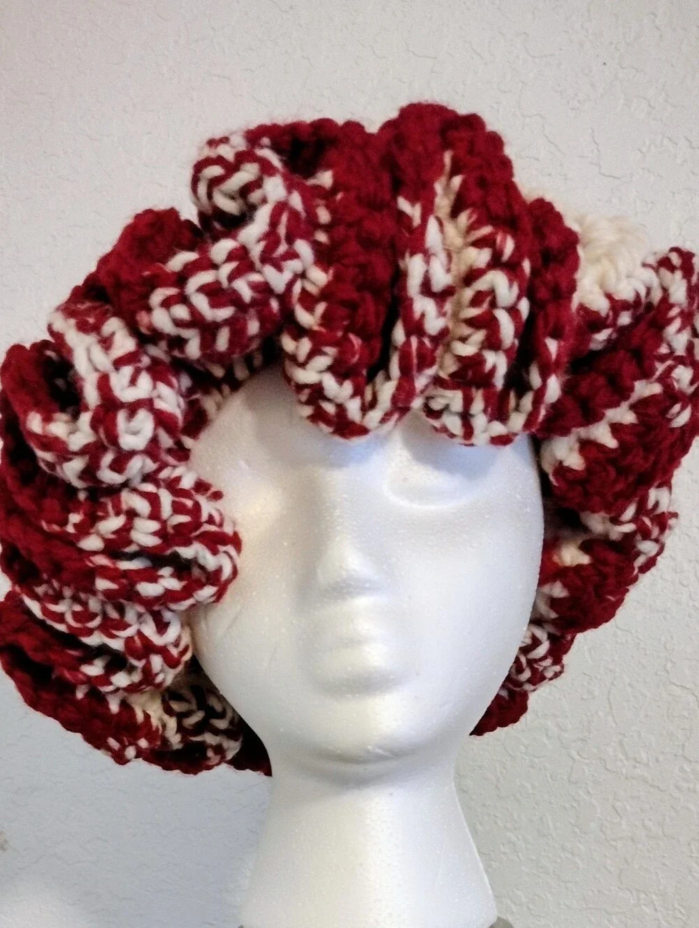 Chunky Red & Cream Crochet Scrunchie Hat
